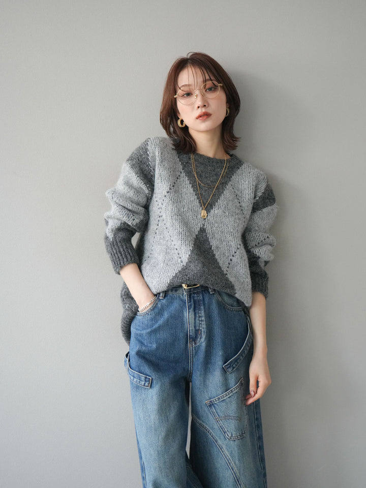 [予約]アーガイルオーバーニットプルオーバー/gray