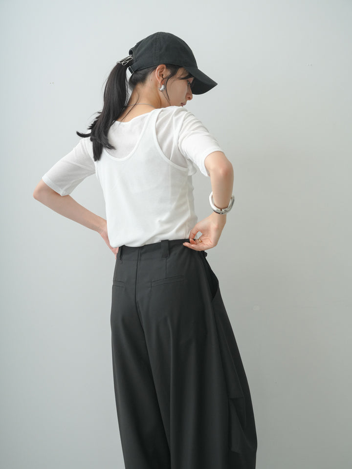 [SET]前後2wayシアーアシメレイヤード風TEE+ベルトループカーブタックワイドパンツ(2set)