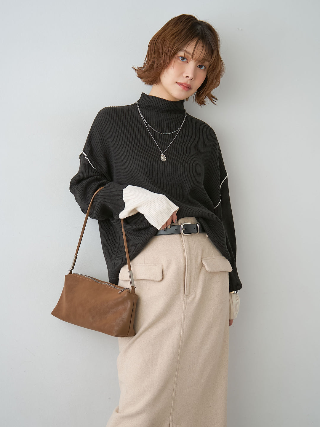 [予約]バイカラーモックネックリブニットトップス/black