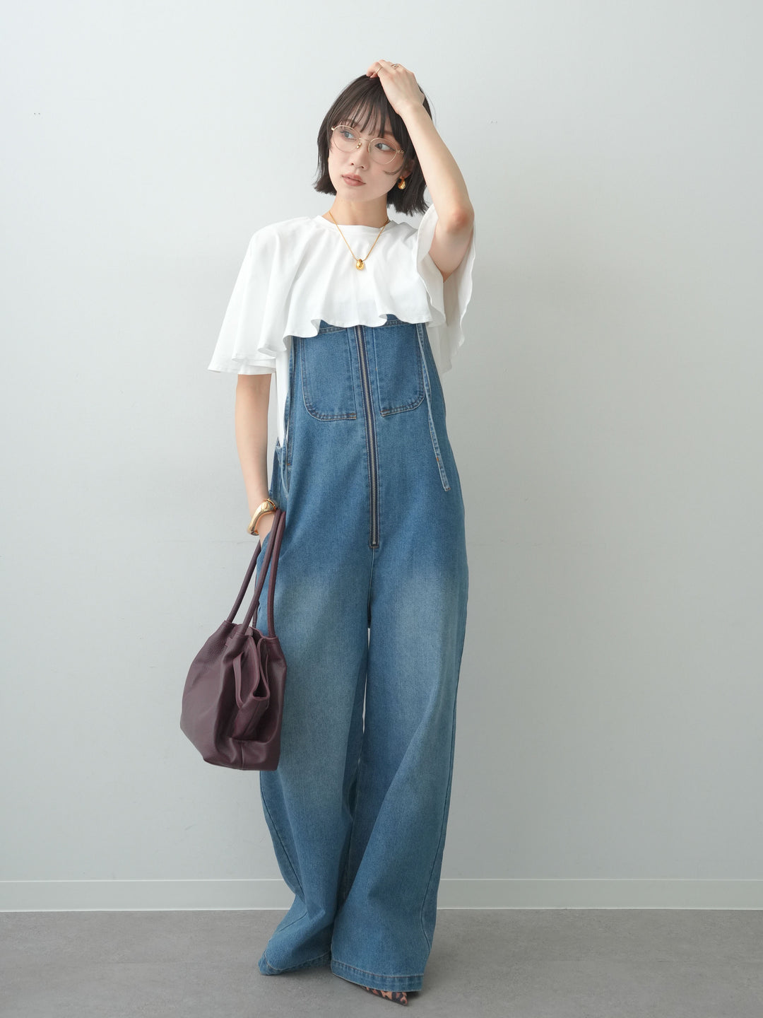 [SET]前後2wayケープTEE+フロントジップデニムサロペット(2set)