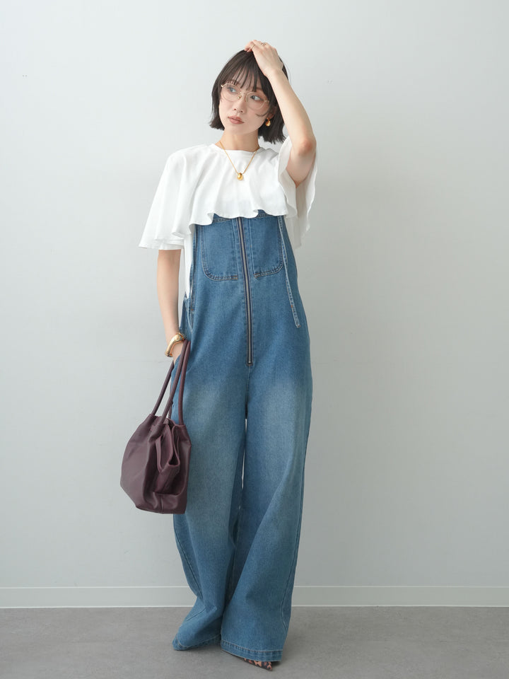 [SET]前後2wayケープTEE+フロントジップデニムサロペット(2set)