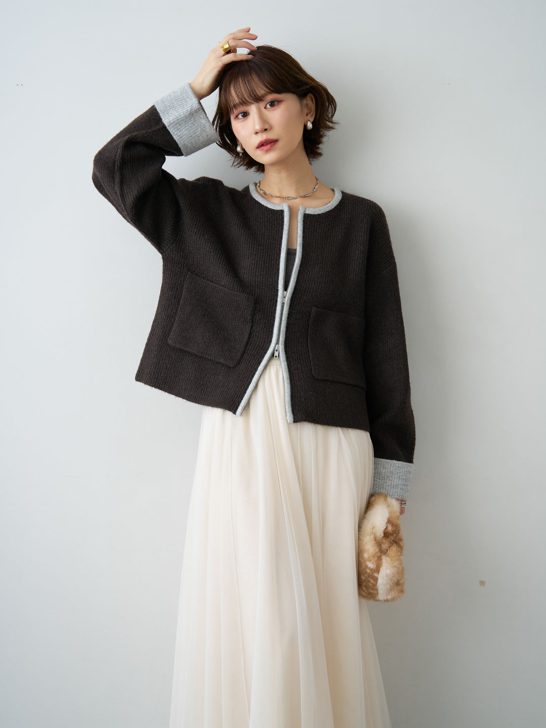 [予約]バイカラーWポケットリブジップカーディガン/chocolatebrown