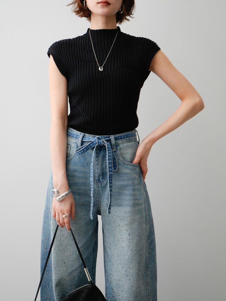 [予約]モードラインリブフレンチニットトップス/black