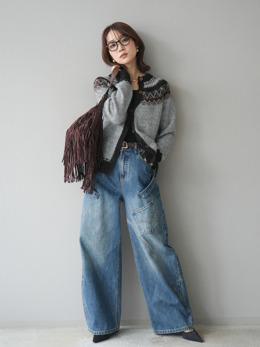 [SET]ノルディック柄ニットカーディガン+ペインターカーブデニムパンツ(2set)