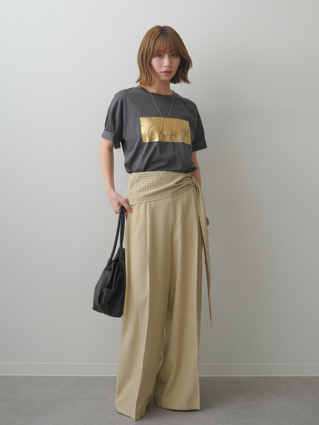[SET]箔プリントボックスTEE+ビジューベルトタックワイドパンツ(2set)