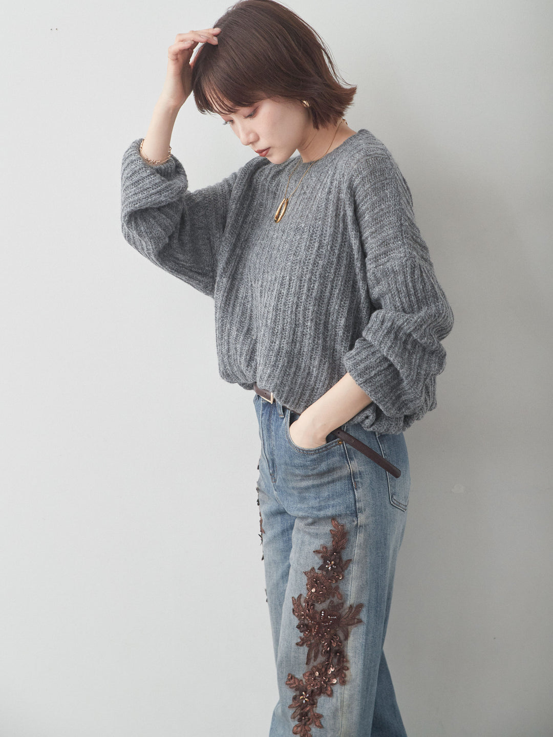 [予約]シアーリブドルマンニットトップス/darkgray