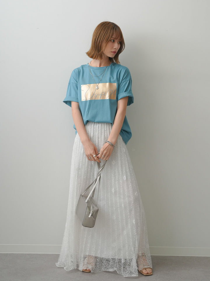 [SET]箔プリントボックスTEE+フローラルレースプリーツスカート(2set)