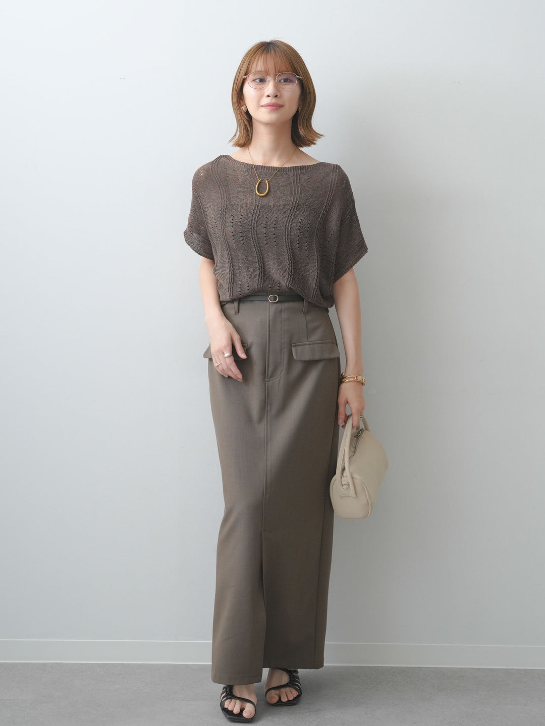 [SET]アイレットサマーニットトップス+クレープデシンフラップ付きストレートスカート(2set)