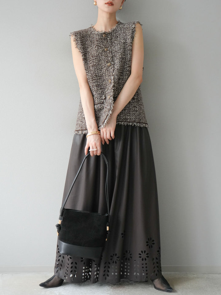 [予約]フラワーパンチングレザースカート/ブラウン