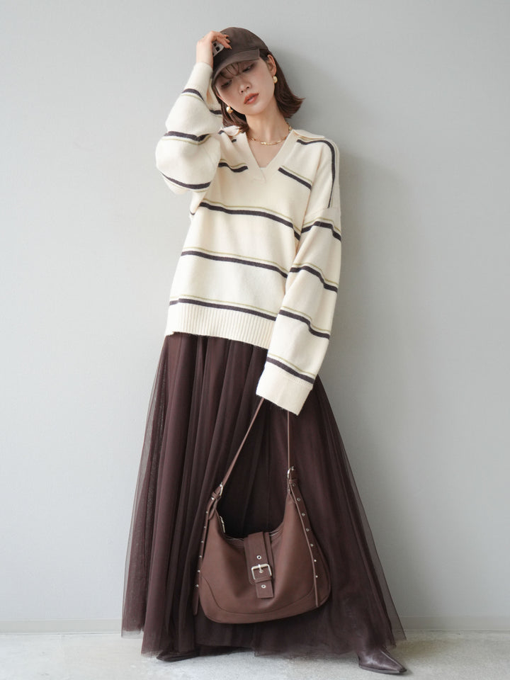 [SET]ポロ襟スキッパーボーダーニットプルオーバー+チュールボリュームスカート(2set)