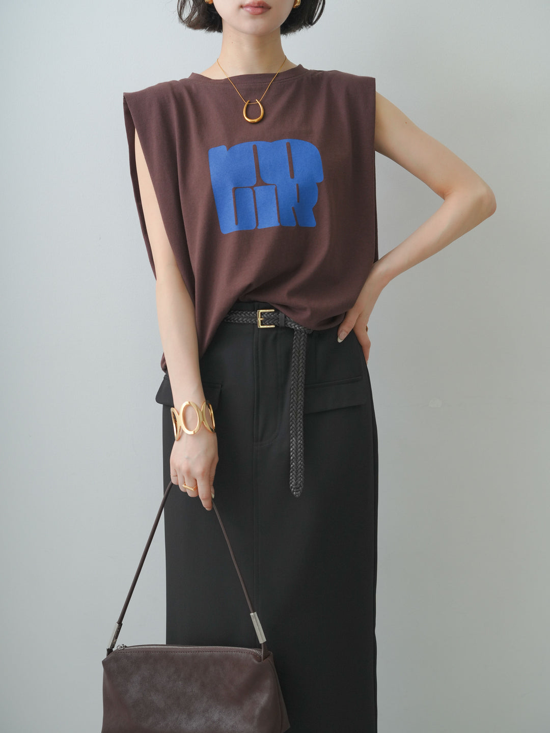 [SET]フロントジップフリルカラーデニムトップス+ショルダータックノースリーブオーバーTEE+ベルトループカーブタックワイドパンツ(3set)