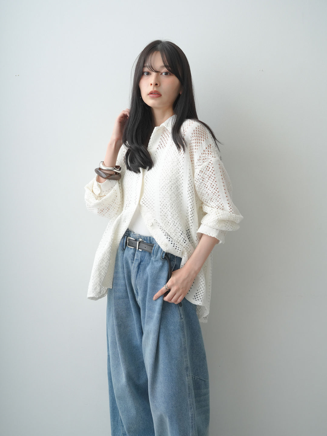 【套裝】鏤空鉤編蕾絲襯衫+高腰皮帶環設計牛仔褲（兩件套）