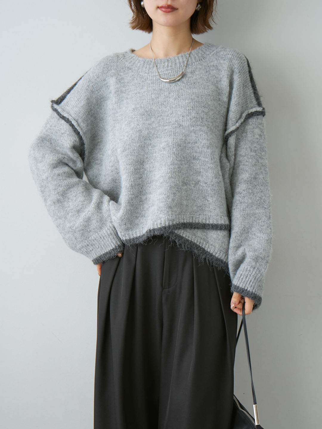 [SET]配色ラインデザインヘムニットプルオーバー+ツイルタックワイドパンツ(2set)