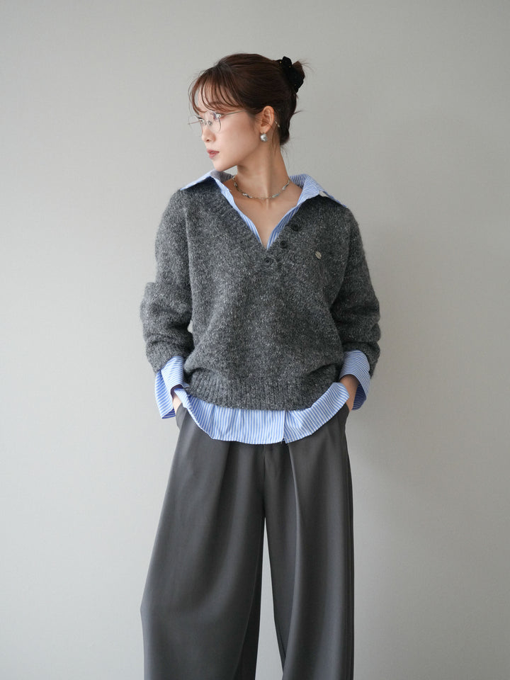 [予約]ストライプシャツドッキングMIXヤーンニットプルオーバー/charcoal