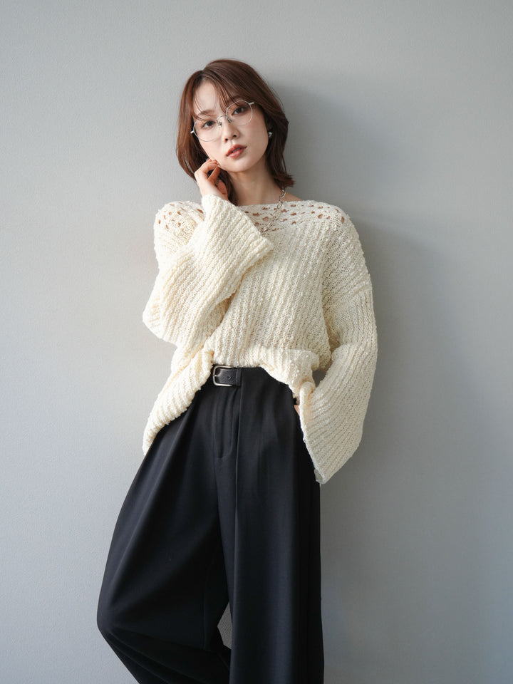[予約]ボートネック透かし編みニットプルオーバー/white