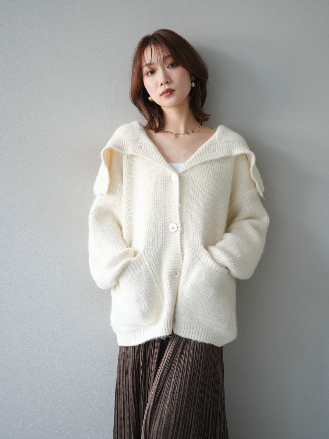 [予約]襟付きボタンオーバーニットカーディガン/ivory