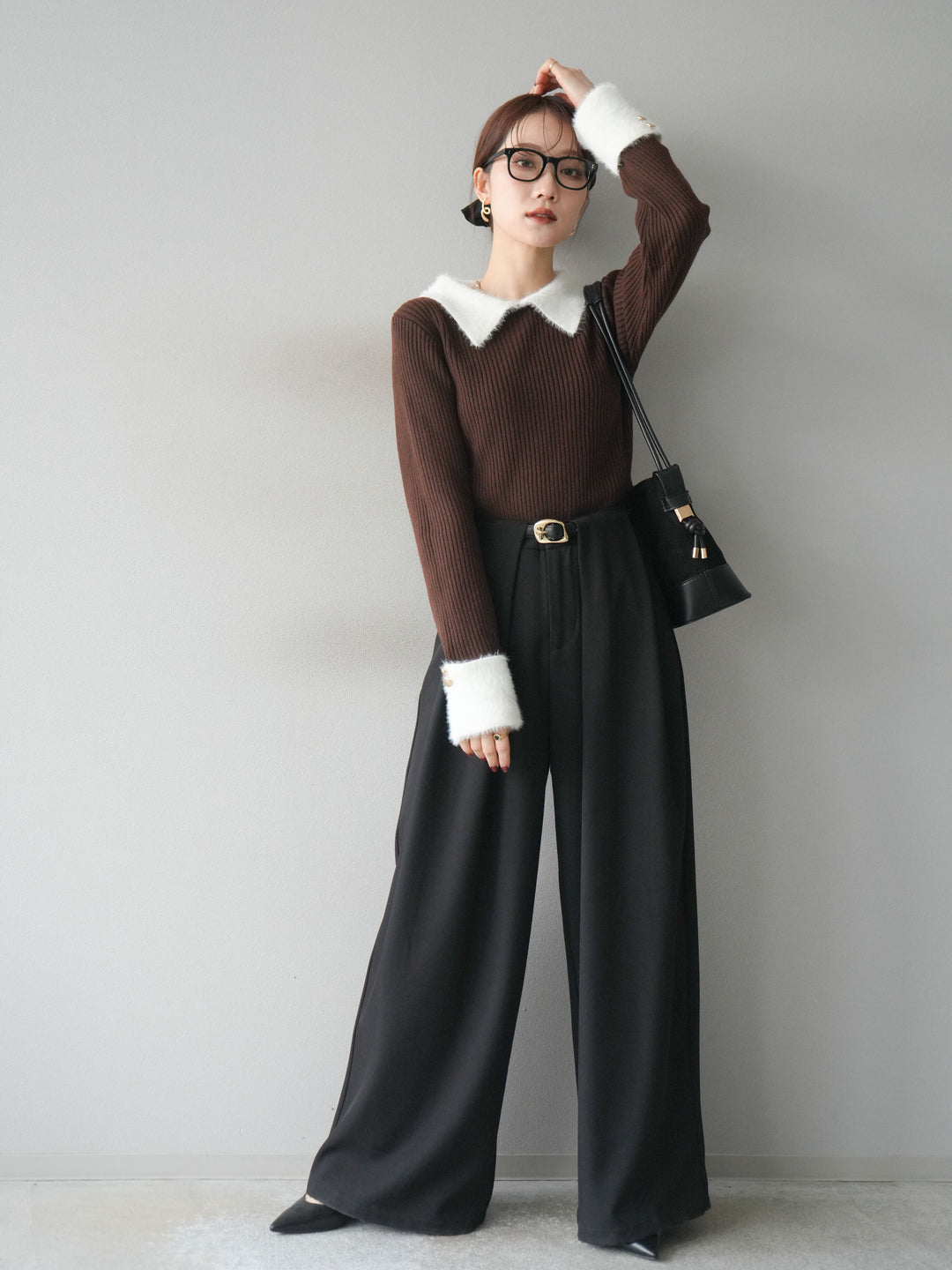 [SET]シャギー襟リブニットトップス+ベルトループデザインワイドパンツ(2set)