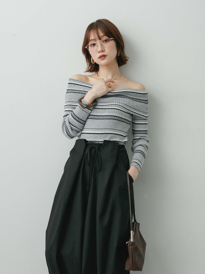 [予約]マルチボーダーオフショルニットトップス/gray