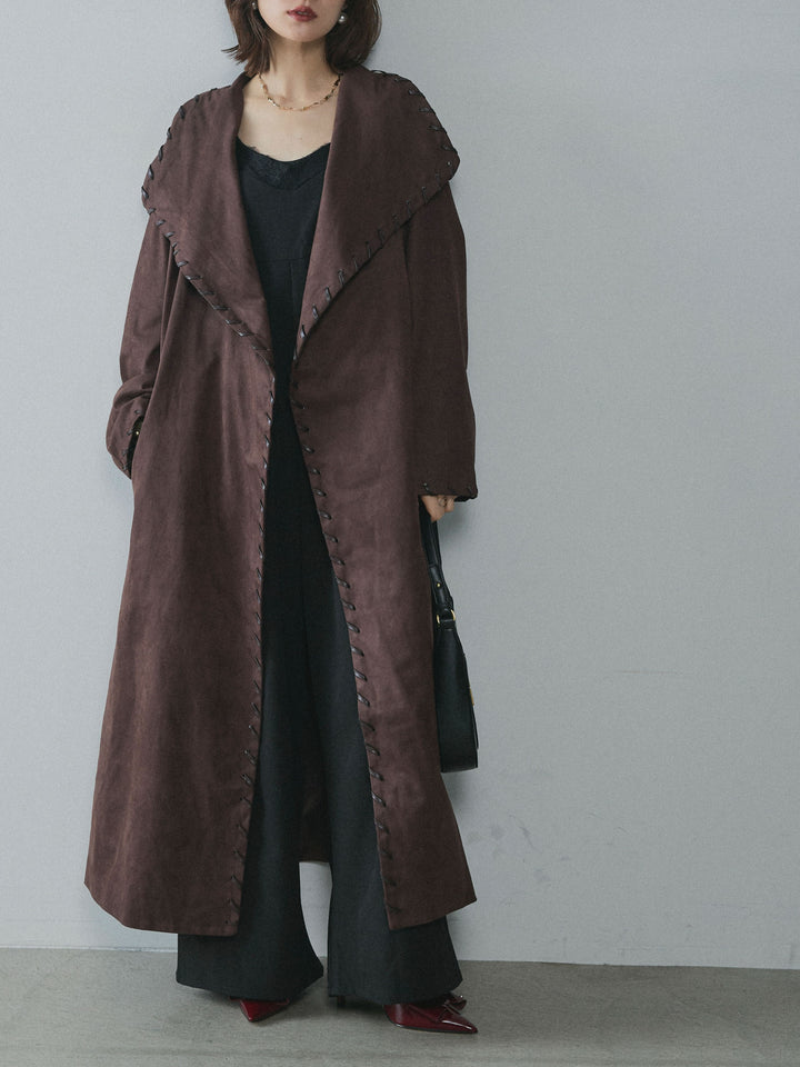 【Allure】[SET]レースキャミオールインワン+スウェードハンドステッチロングコート(2set)