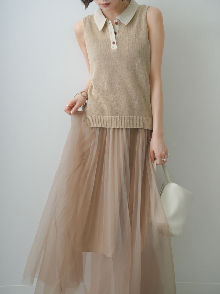 [予約]ポロカラーシアーノースリニットトップス/beige