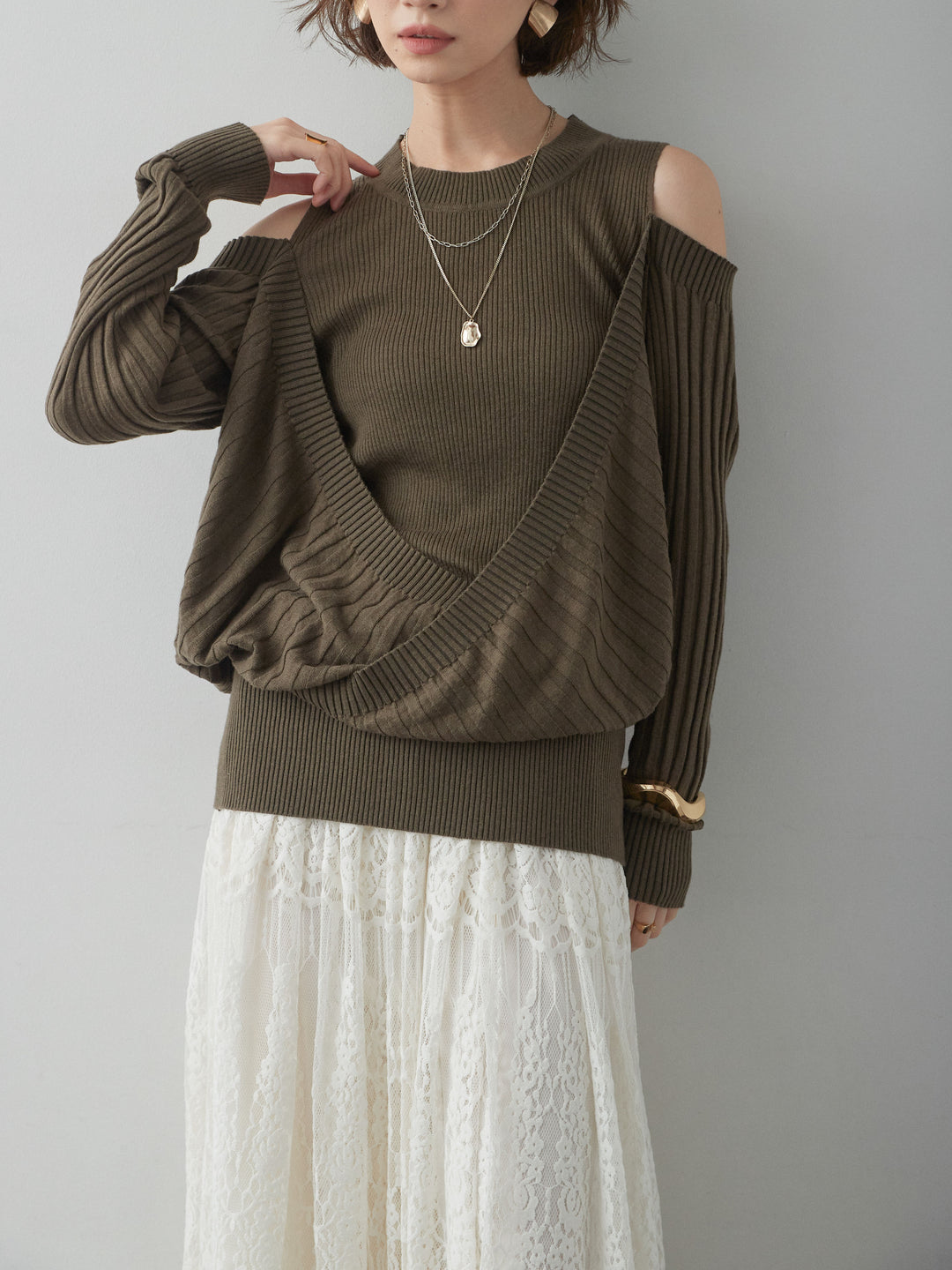 [予約]ショルダーオープンリブデザインニットトップス/khaki