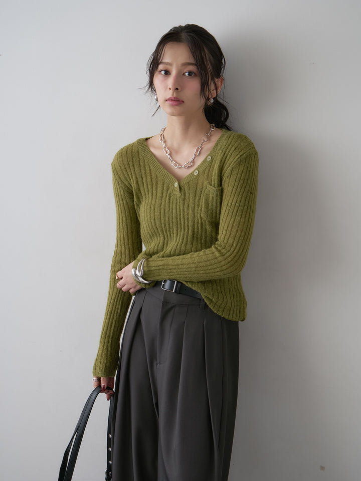 [SET]ネックボタンスリムリブVニットトップス+ツイルタックワイドパンツ(2set)
