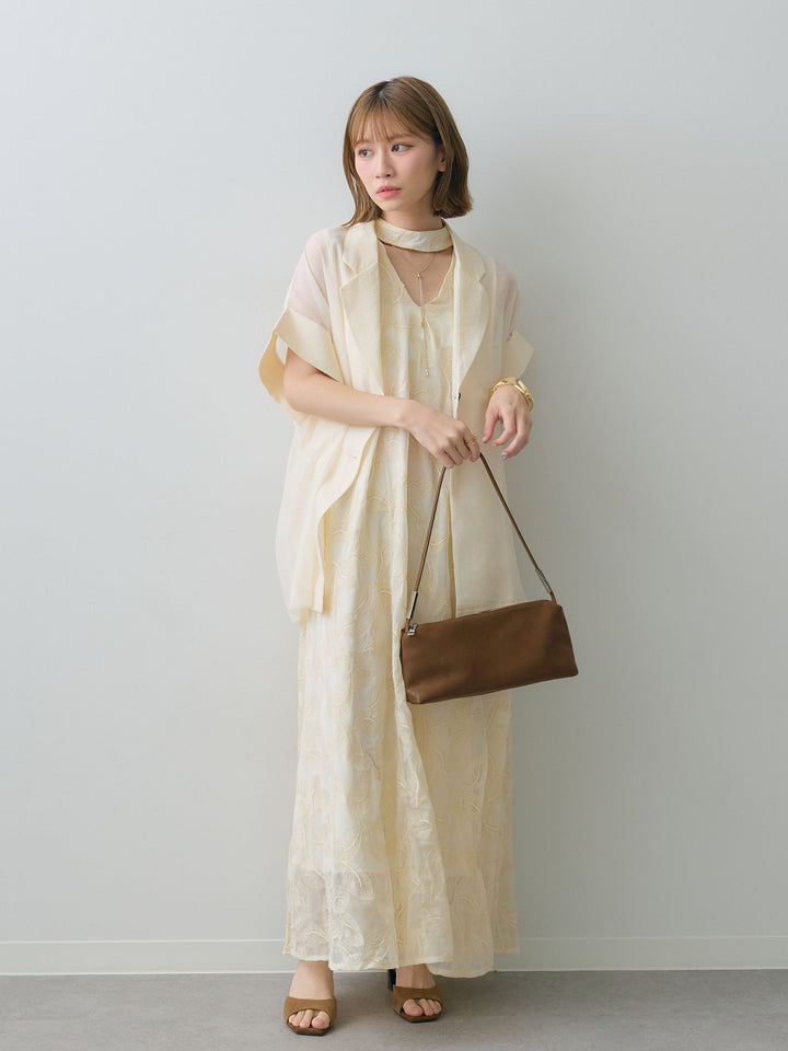 【套裝】葉子刺繡吊帶洋裝+透視寬鬆短袖外套（兩件套）