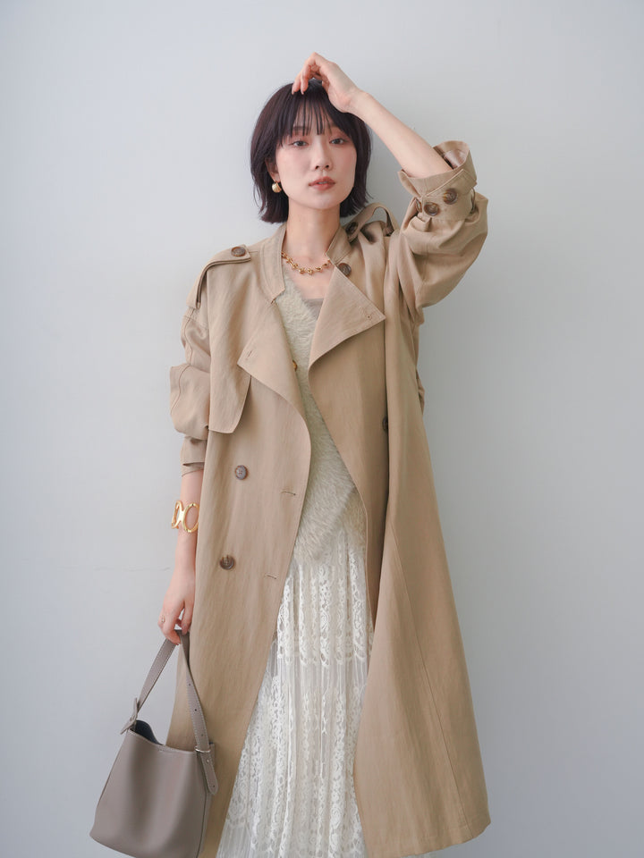 [SET]ミニラペルアシンメトリーロングトレンチ+ベロアレースドレープフレアスカート(2set)