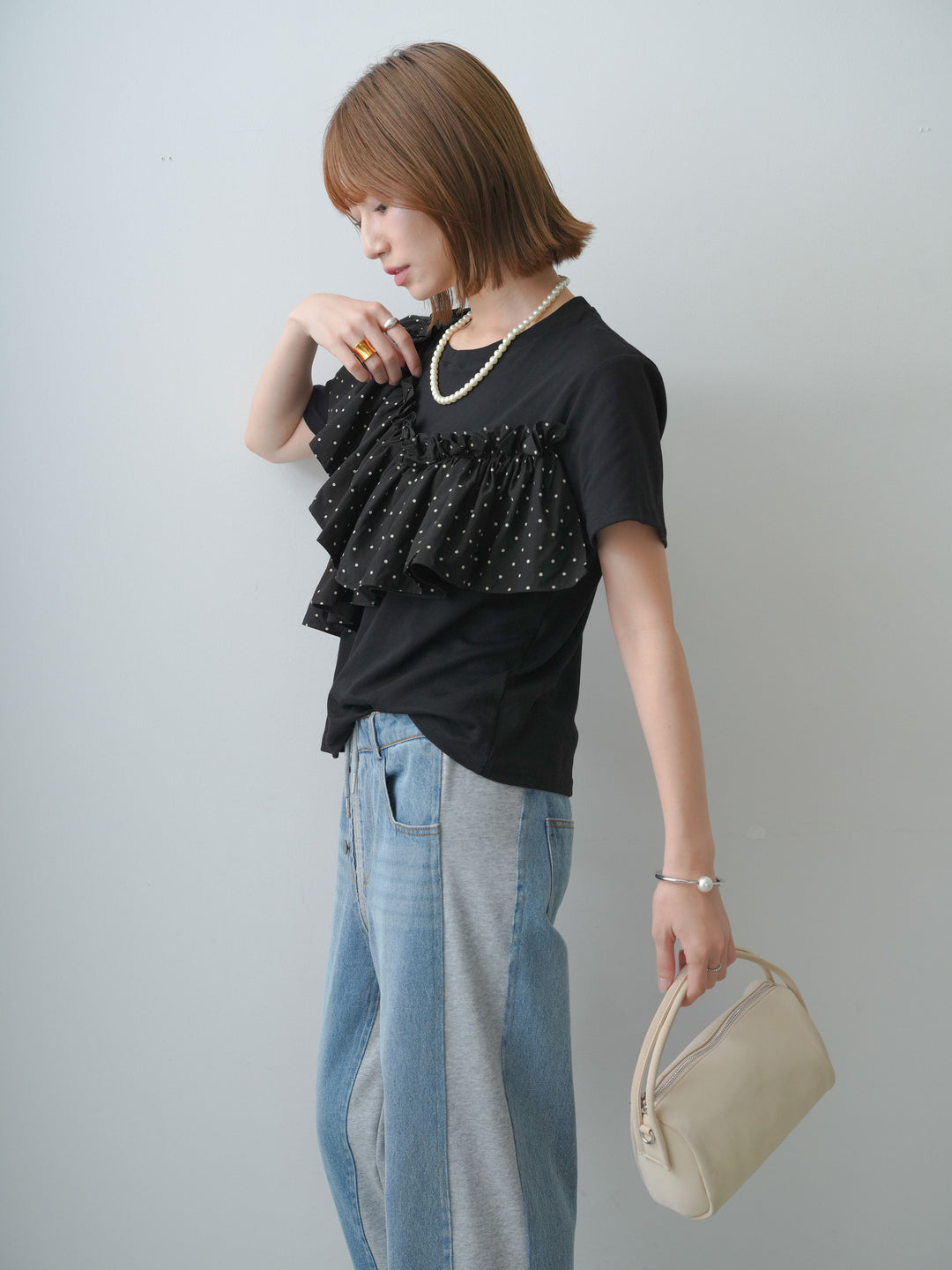 [SET]ドットギャザーフリルデザインTEE+デニム切替スウェットパンツ(2set)