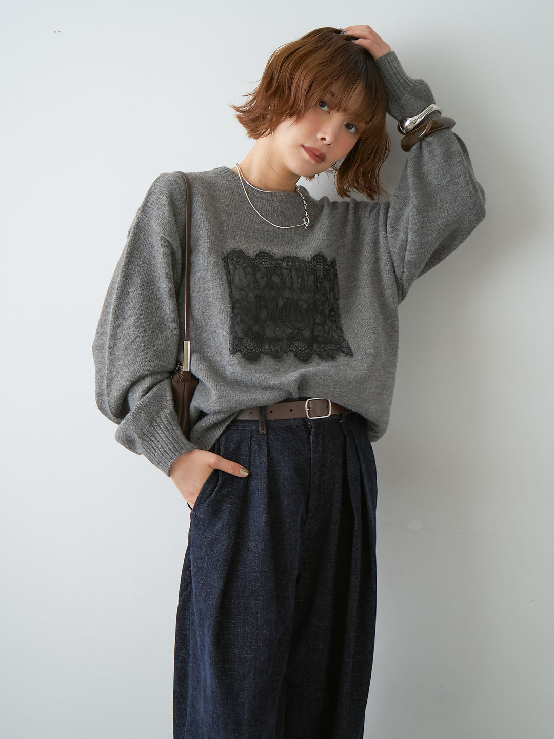 [SET]アルパカタッチ刺繍レースロゴニットプルオーバー+ベロアデニムタックワイドパンツ(2set)