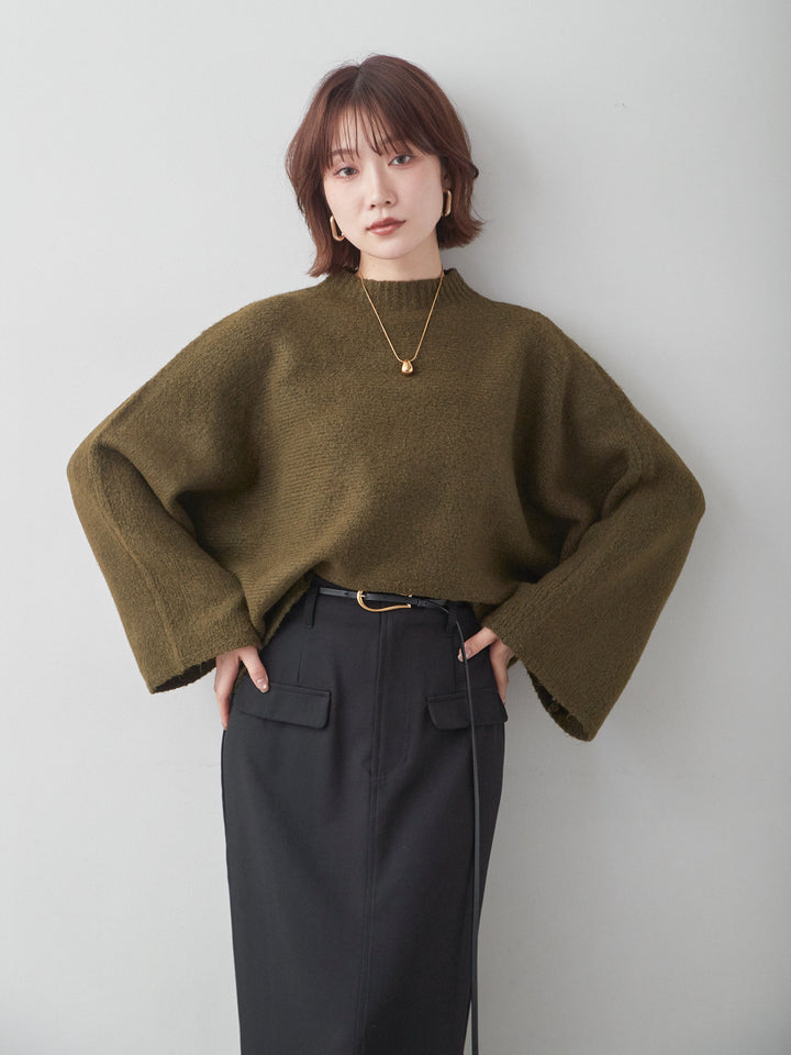[予約]ワイドスリーブボトルネックニットトップス/khaki