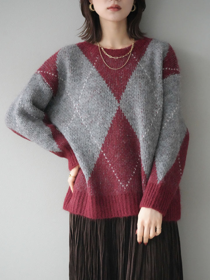 [SET]アーガイルオーバーニットプルオーバー+スエードワッシャープリーツスカート(2set)