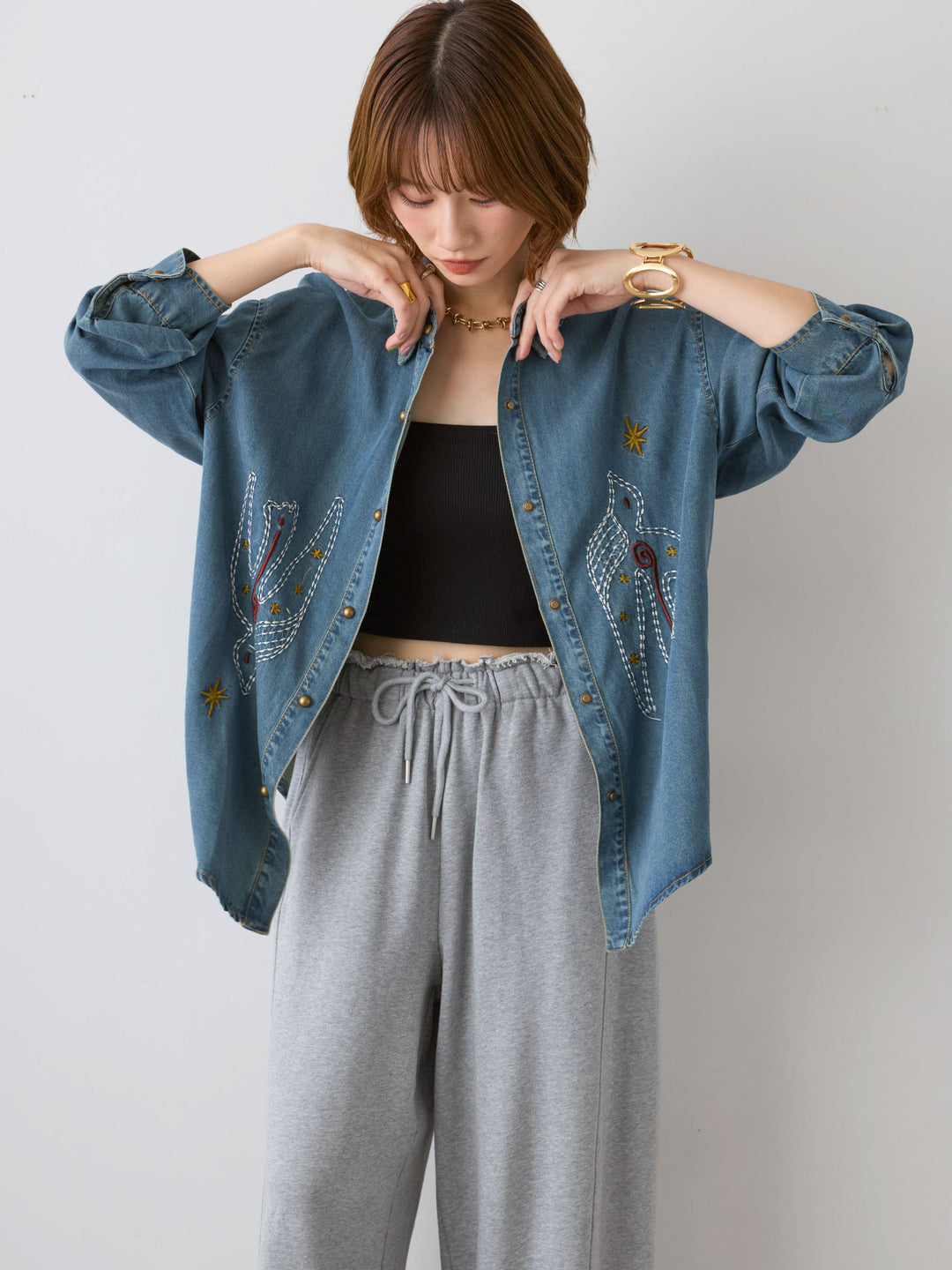 [予約]モチーフ刺繍デニムシャツ/blue