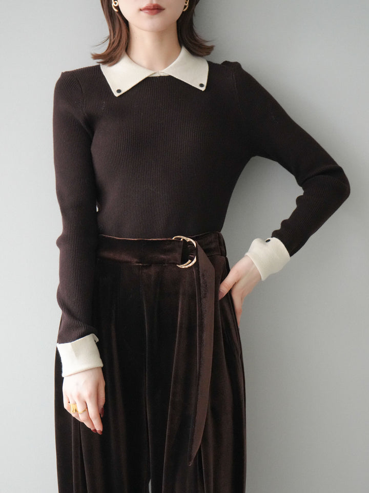 [予約]ニットカフス襟付き配色リブニットトップス/brown