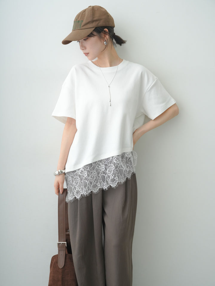 [SET]アシメレースヘムワイドTEE+ベルトデザインタックドレープワイドパンツ(2set)