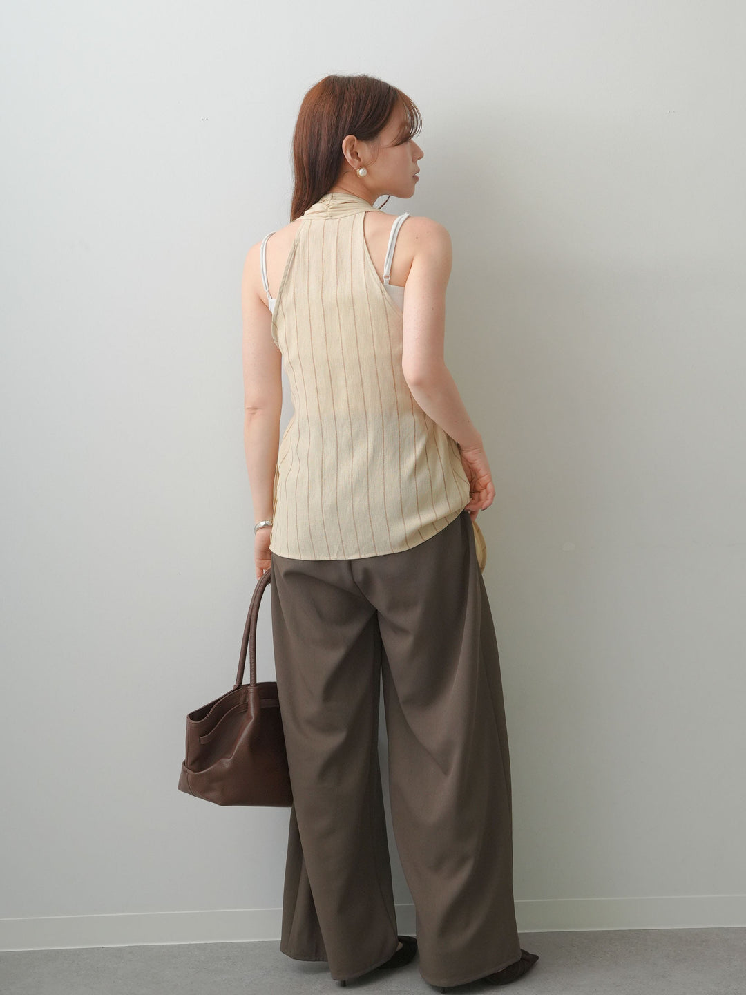 [SET]ストライプカシュクールジレ+クレープデシンタックワイドパンツ(2set)