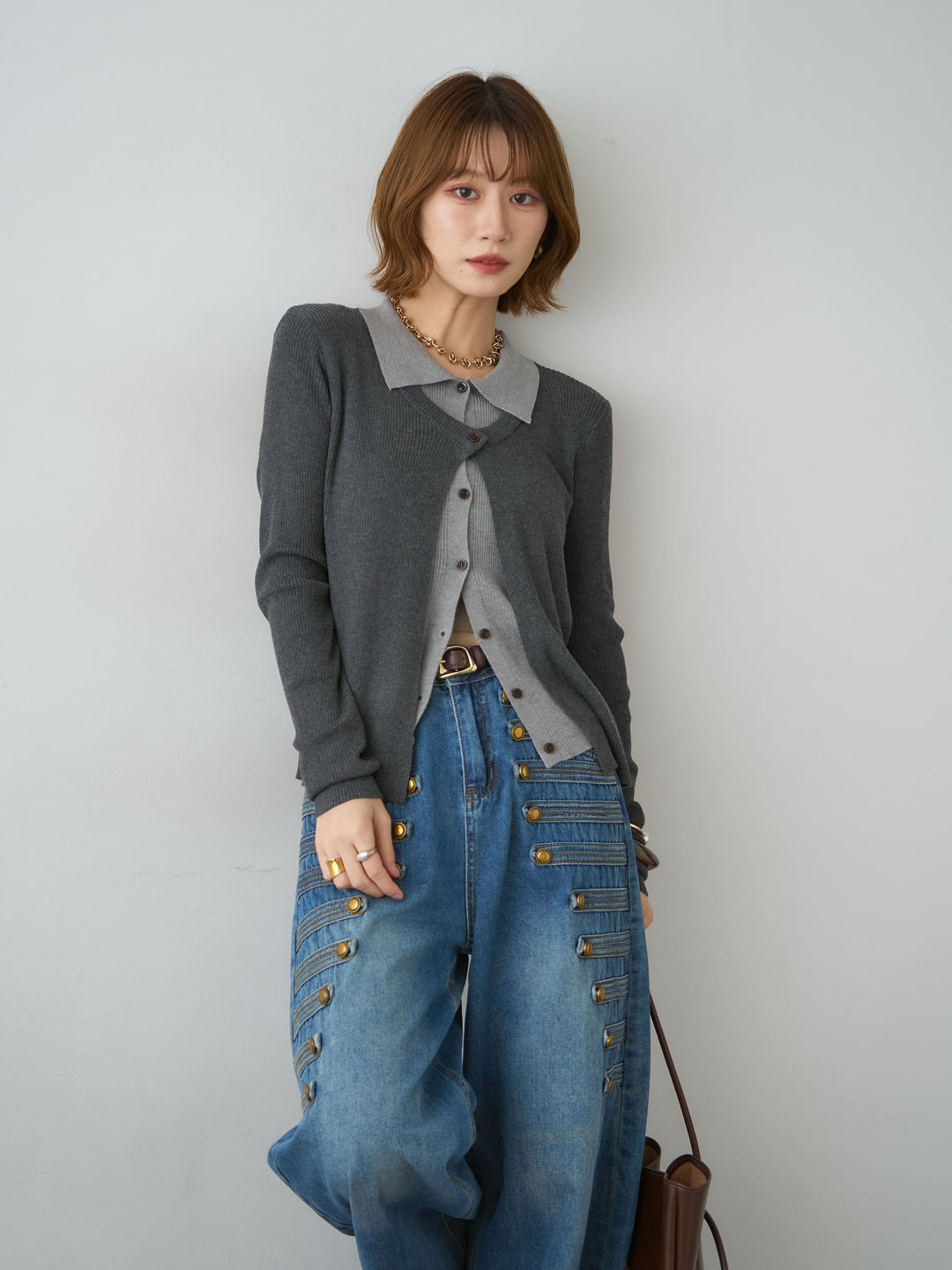 [予約]フロントレイヤードデザインリブニットシャツ/darkgray