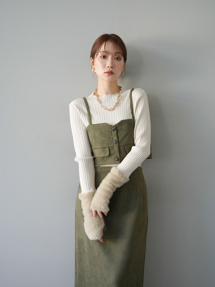 [SET]スウェードビスチェ+アームシャギーランダムリブニットトップス+スウェードIラインスカート(3set)