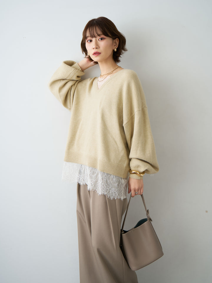 [SET]アルパカタッチレースドッキングVネックニットトップス+選べるアクセセット(2set)