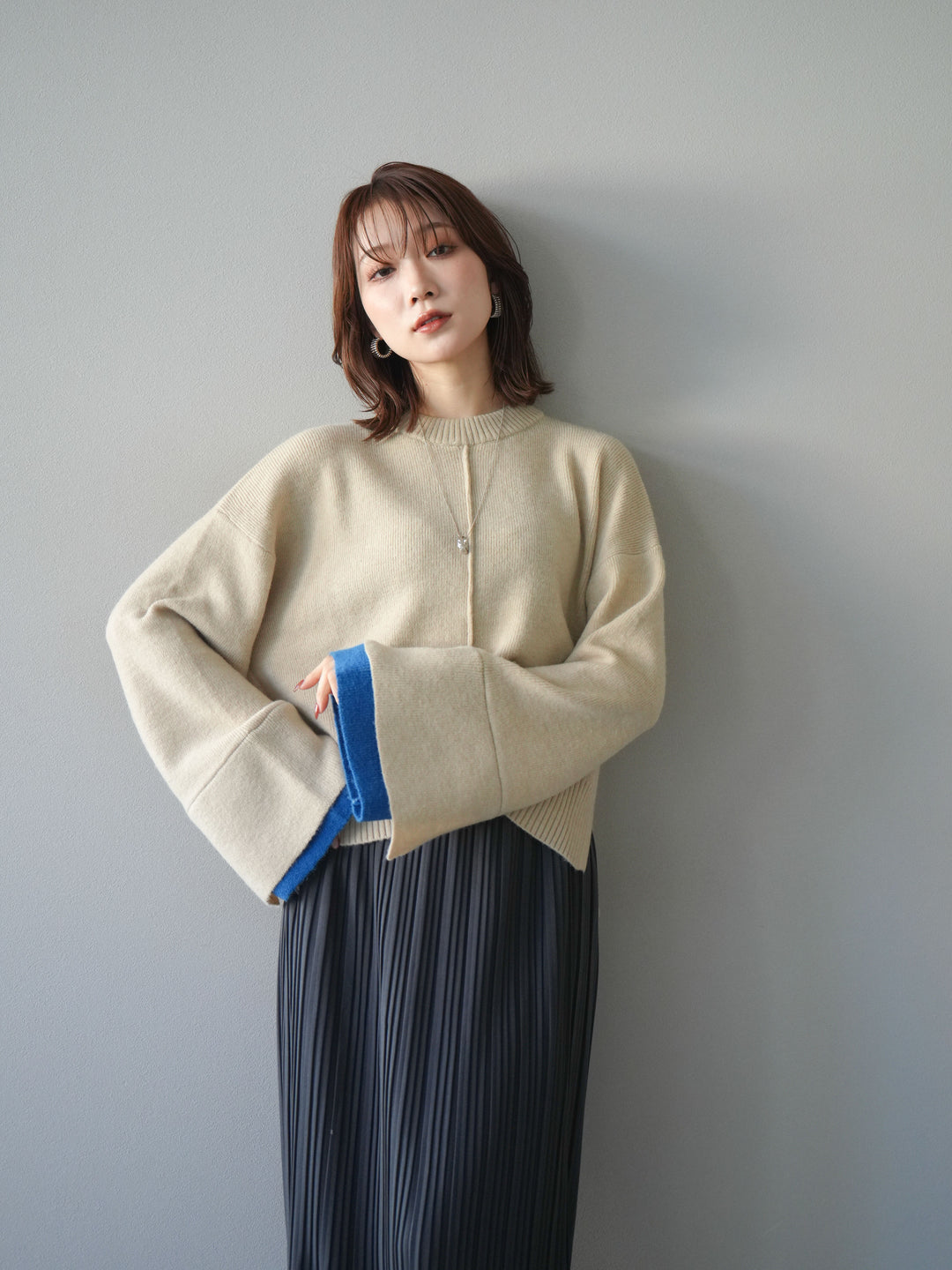 [SET]袖レイヤード配色ニットプルオーバー+プリーツIラインスカート(2set)