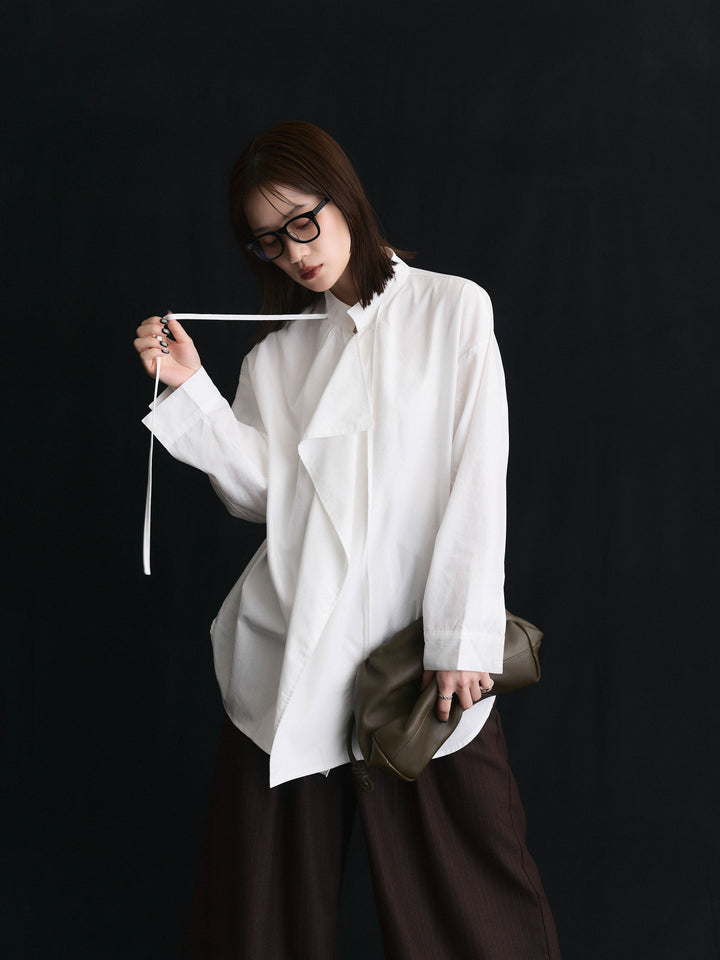 【Allure】[SET]ピーチスキンデザインネックオーバーシャツ+ウールライクストライプワイドパンツ(2set)