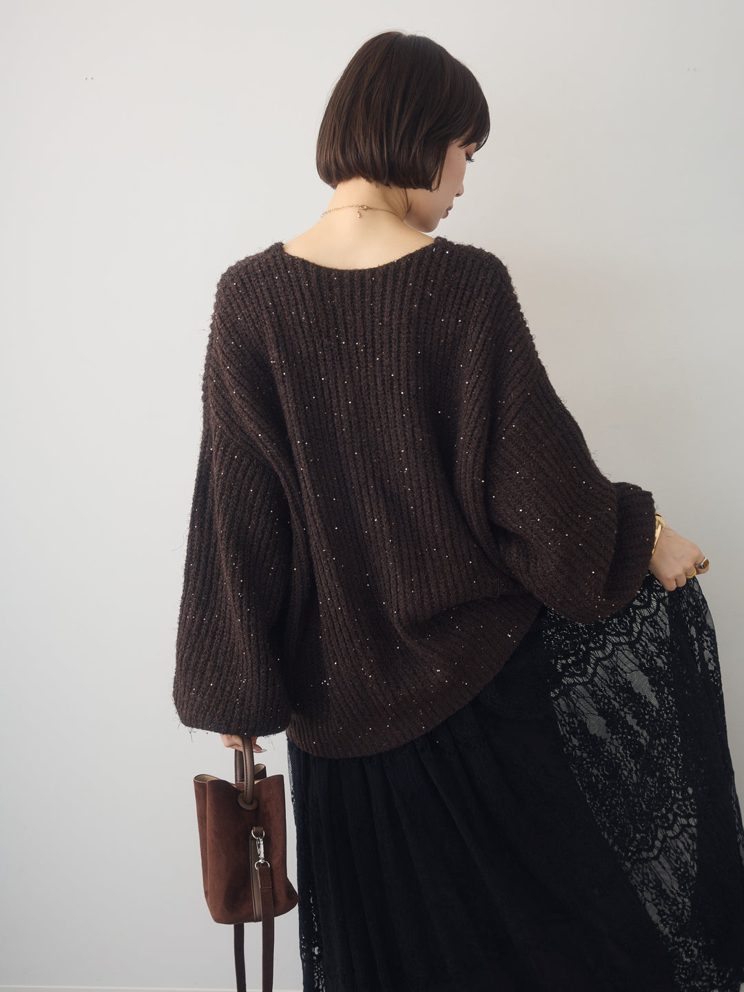 [予約]バルーンスリーブスパンリブニットトップス/brown