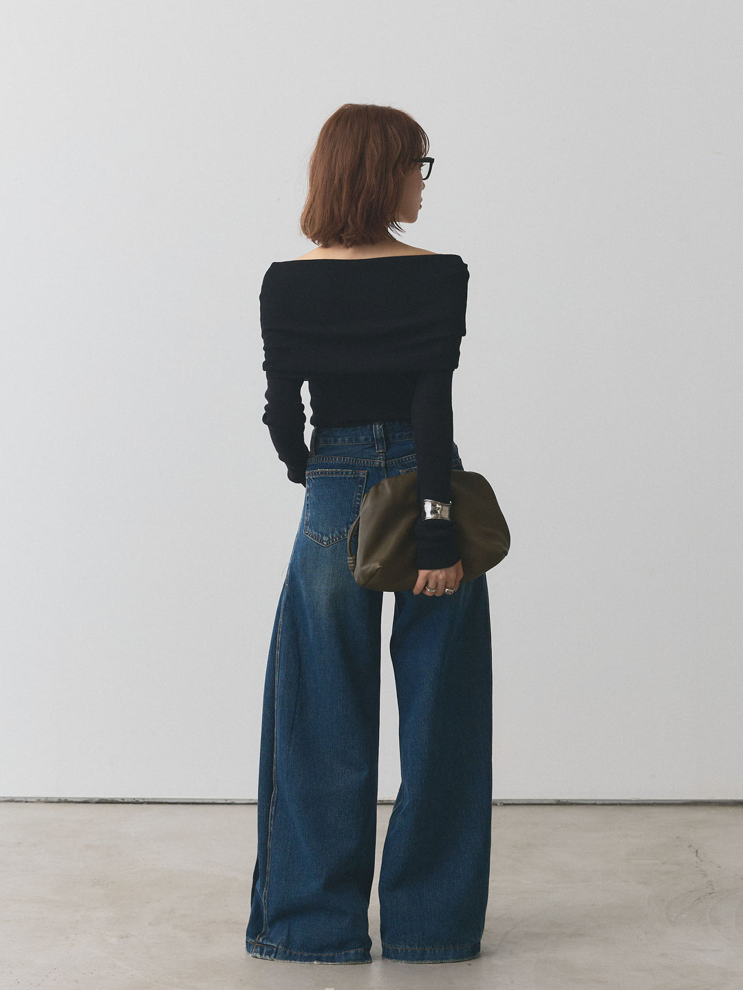 【Allure】[SET]オフショルニットトップス+サイドタックヴィンテージワイドデニム(2set)