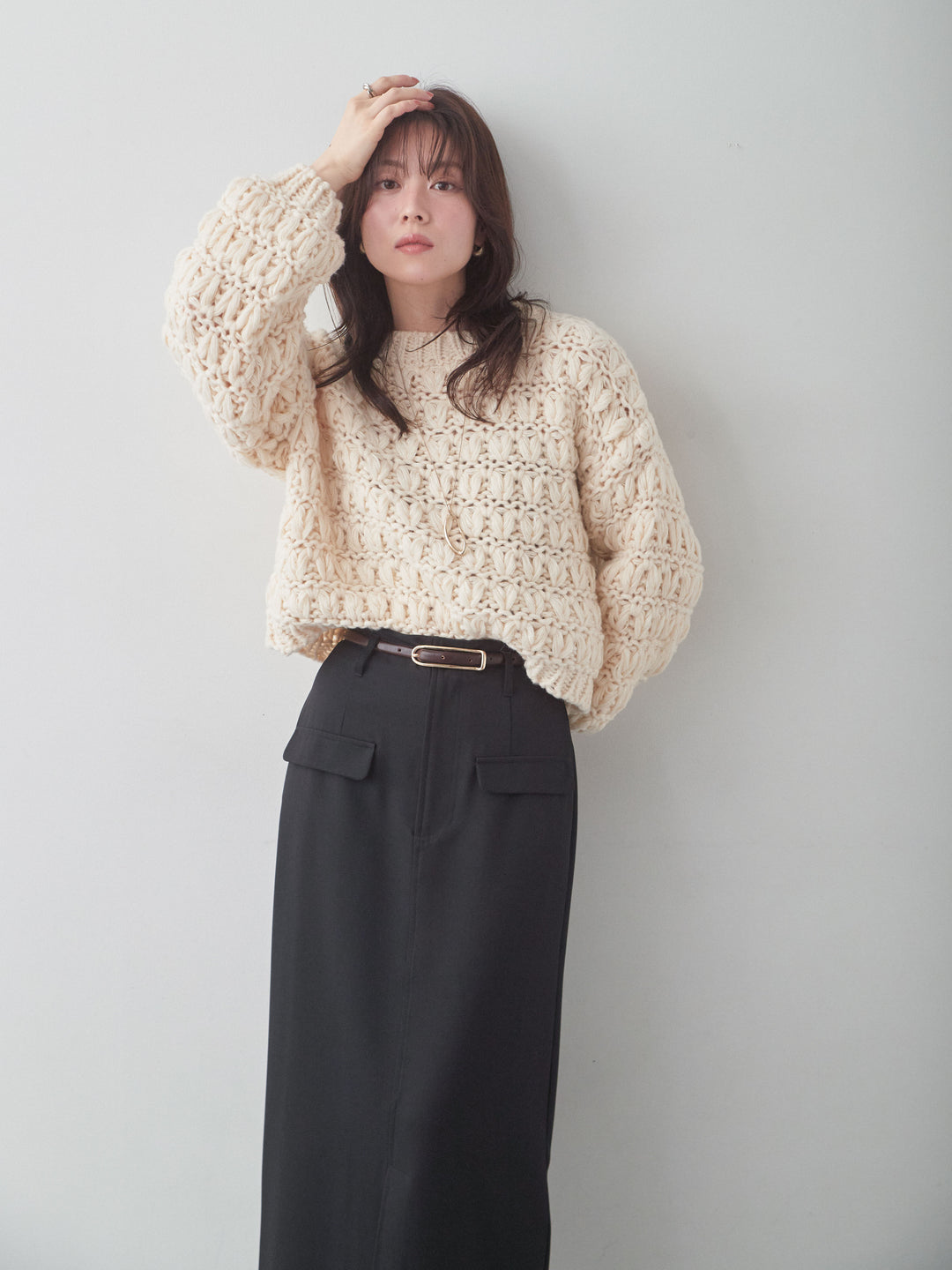 [SET]ループクロップニットトップス+クレープデシンフラップ付きストレートスカート(2set)