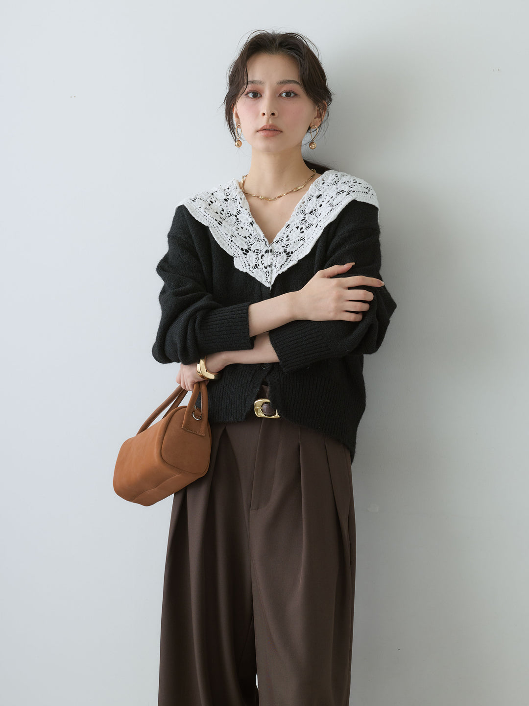 [SET]モヘアレースショールカラーカーディガン+ツイルタックワイドパンツ(2set)