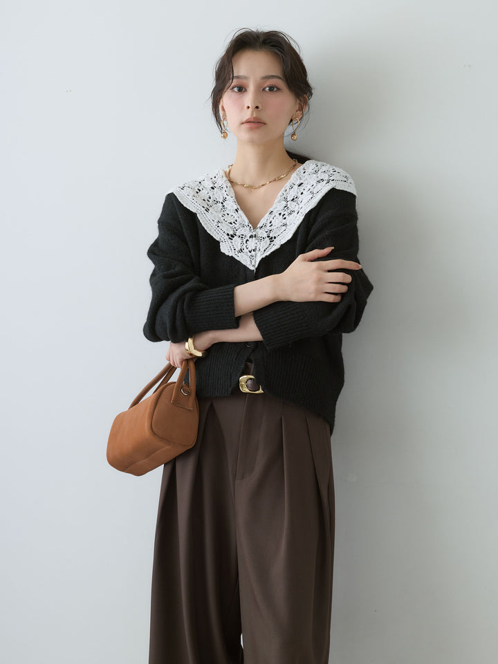 [SET]モヘアレースショールカラーカーディガン+ツイルタックワイドパンツ(2set)