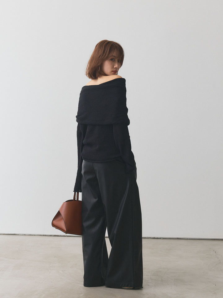 【Allure】[SET]オフショルシアーニットプルオーバー+レザータックセミワイドパンツ(2set)