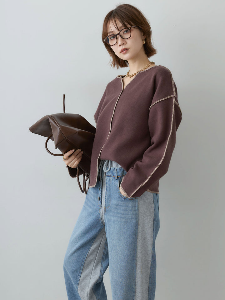 [予約]バイカラーステッチVネックニットトップス/brown