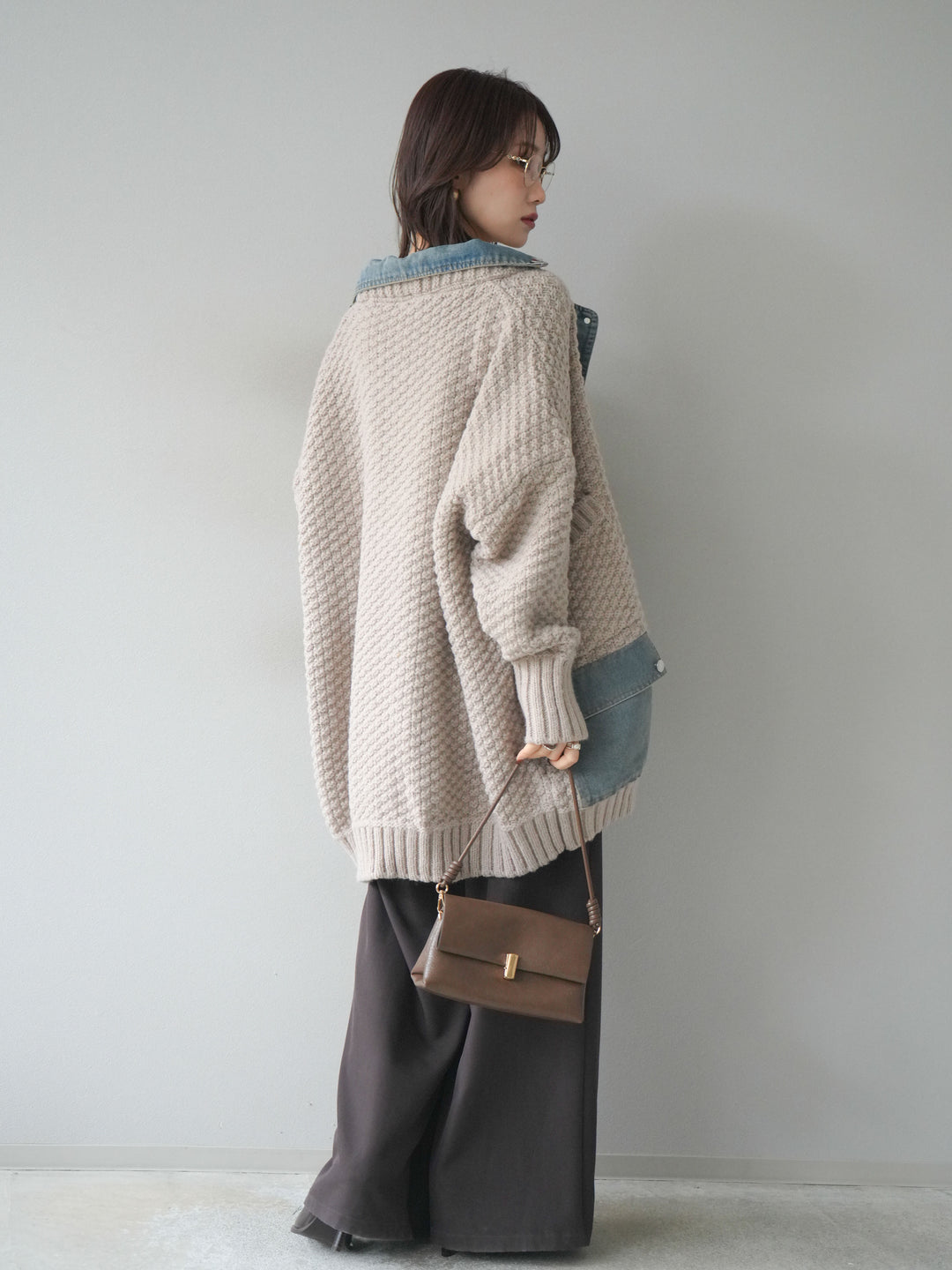 [SET]デニム襟レイヤードニットジャケット+ベルトループデザインワイドパンツ(2set)