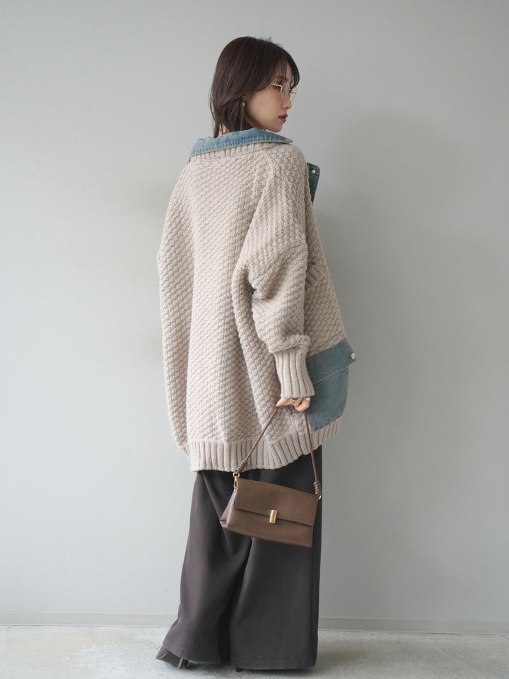 [SET]デニム襟レイヤードニットジャケット+ベルトループデザインワイドパンツ(2set)